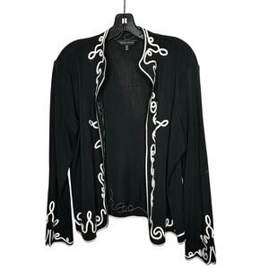 Ming Wang Black & White Open Front Knit Cardigan Classic Preppy Jacket Size XL